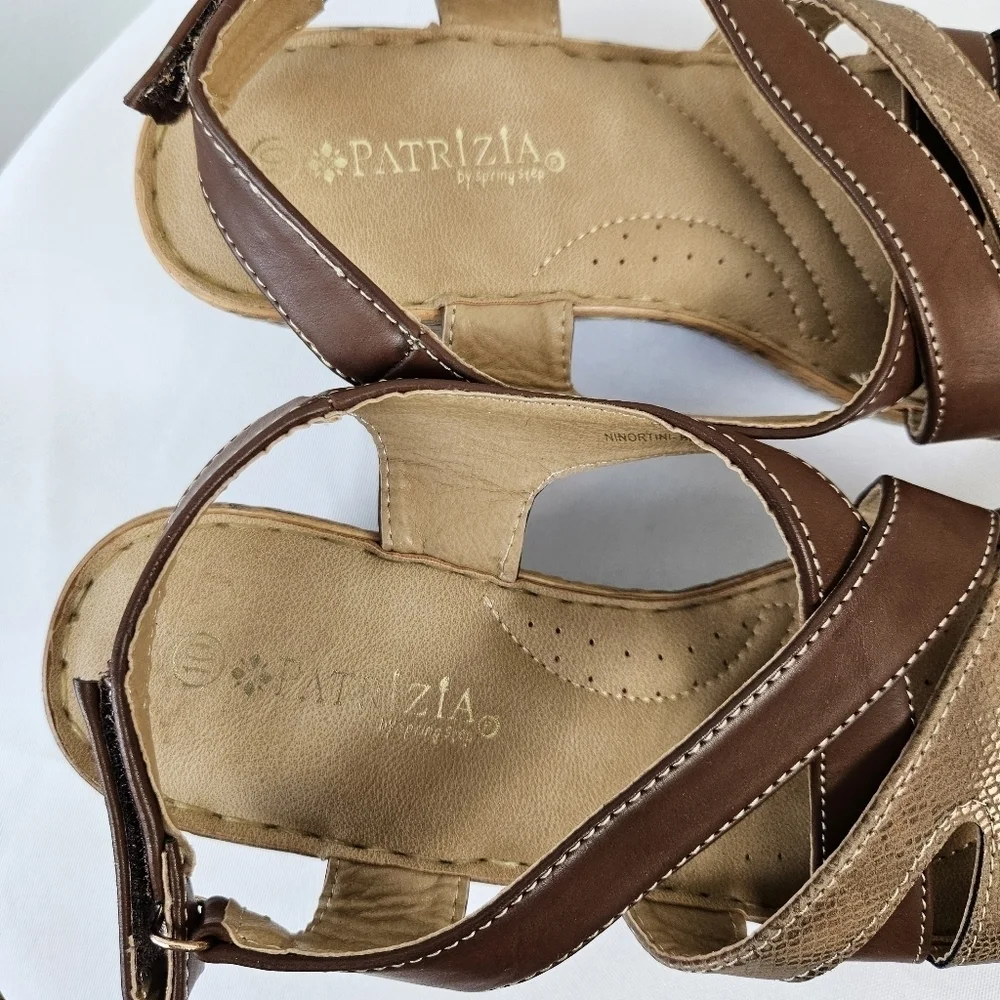 Patrizia by Spring Step Brown Faux Leather Wedge Sandals | Mid Heel Size 10